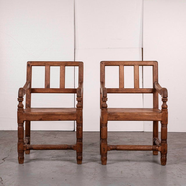 Spanish Revival Mid 20th Century Set of 6 Spanish Revival Rustic Carved Oak Dining Chairs For Sale - Image 3 of 8