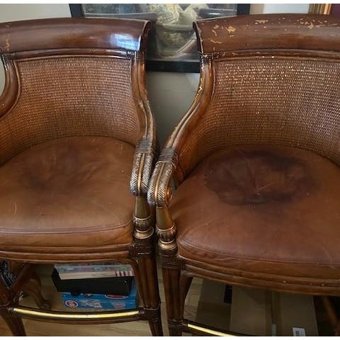 Hollywood Regency Ethan Allen Leather-Cushioned Woven Rattan Bar Stools For Sale - Image 3 of 14