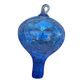 1970s Blenko Blue Crackle Glass Hummingbird Feeder With Stopper - Rare For Sale