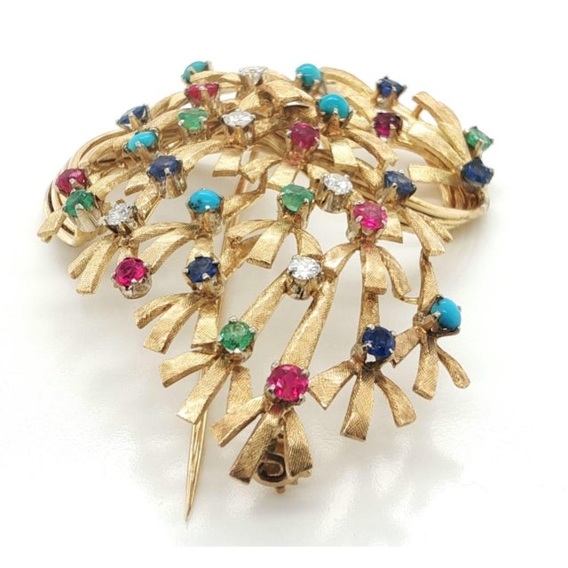 Mid 20th Century Diamond Multicolor Gems 18k Yellow Gold Large Floral Bouquet Brooch Pin For Sale - Image 11 of 11