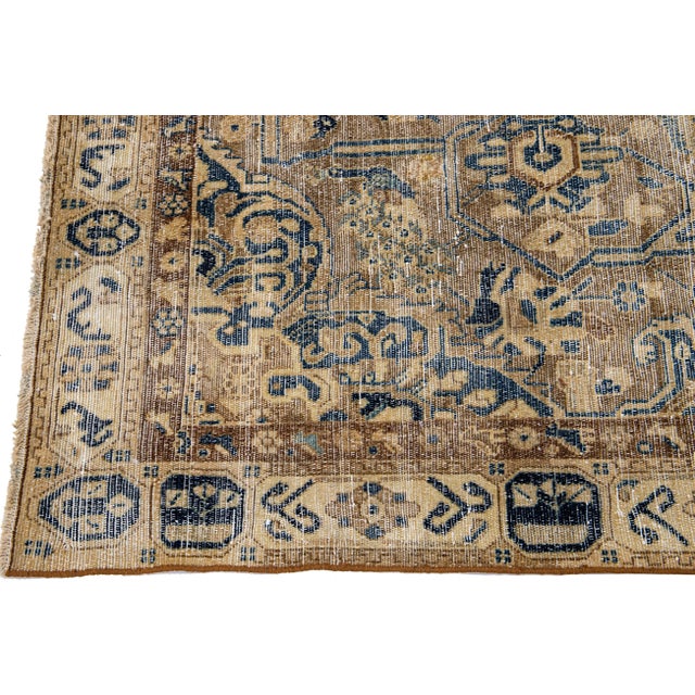 Mid 20th Century Vintage Persian Distressed Brown Handmade Geometric Wool Rug For Sale - Image 4 of 9