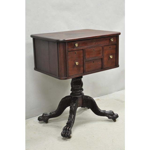 Antique American Victorian Carved Paw Foot Pedestal Base Work Stand Side Table. Item features 5 dovetailed drawers...