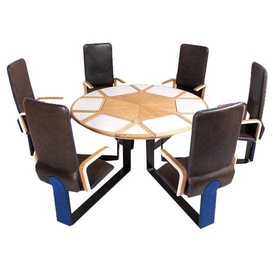 Vintage Danish Table with Fixed Armchairs from Peter Karpf, 1980s, Set of 7 For Sale