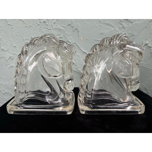 Federal Glass Vintage Federal Glass Horse Head Bookends – Clear Pressed Glass Pair, C. 1940s For Sale - Image 4 of 10