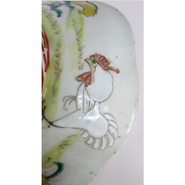 Very nice Chinese export porcelain bowl, hand painted enamel on the sides, including a rooster! Aqua enamel interior....