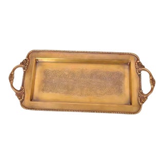 Vintage Distressed Gilded Rectangular Tray With Ornate Handles & Scroll Motif For Sale