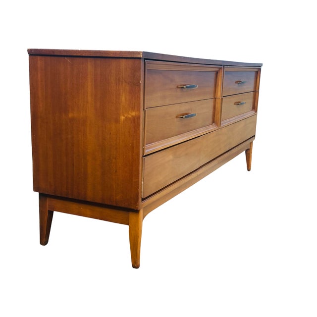 Vintage Mid-Century Modern Walnut 7-Drawer Lowboy Dresser by Dixie Furniture – 1960s MCM Long Dresser with Sculptural...