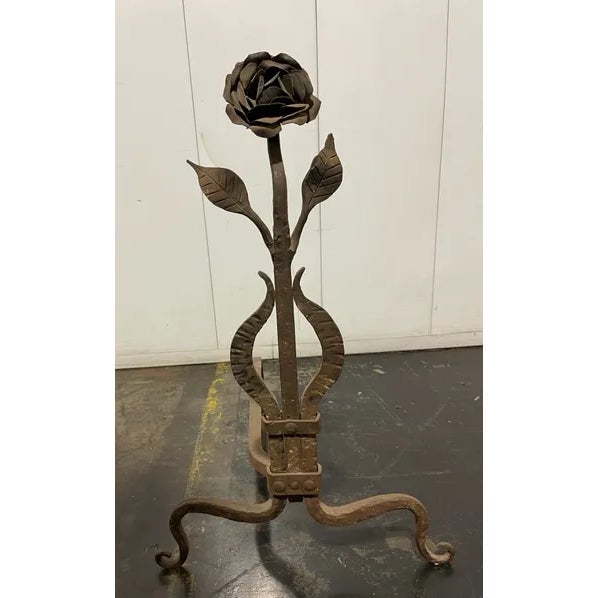 Vintage Late 1920s Single Rose Design Andirons - a Pair For Sale - Image 4 of 6
