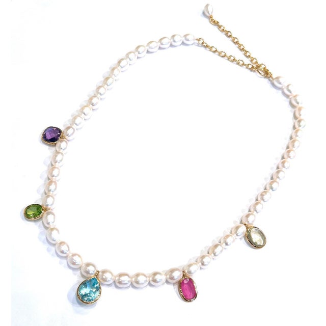 Baroque Bochic "Capri" Vintage Pearl, Ruby & Multi Gem Necklace Set 18K Gold & Silver For Sale - Image 3 of 18