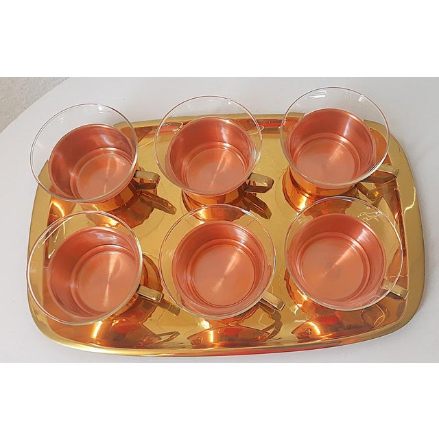 Copper Tea Glasses & Tray in Copper, Brass & Jena Glass from Schott, Mainz, 1960s, Set of 7 For Sale - Image 8 of 11