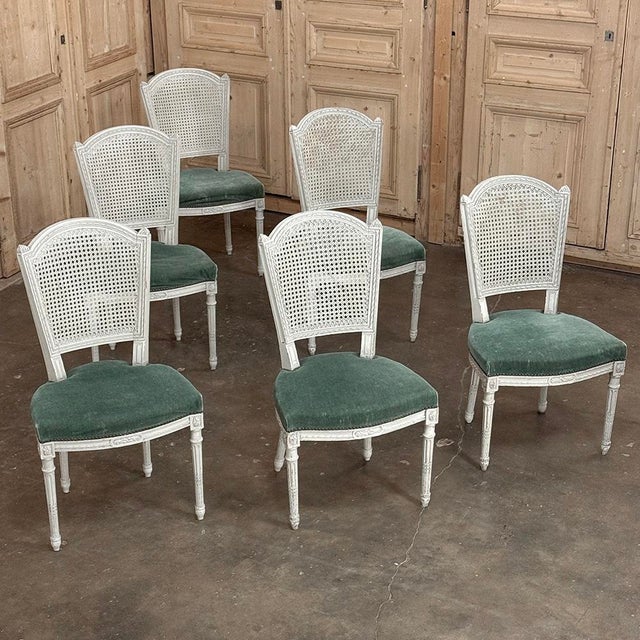 French Set of Six Neoclassical Painted Swedish Chairs With Caned Backs & Mohair Seats For Sale - Image 3 of 15