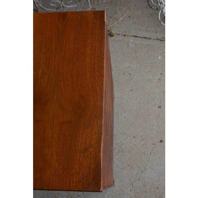 1950s Vintage Mid Century Curved Front Wooden Nightstand W/ Cupboard & Drawer Brass Hardware For Sale - Image 11 of 12