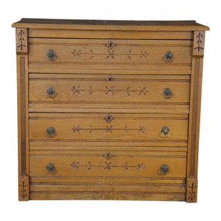 Antique Victorian Eastlake Oak & Ash Four Drawer Spoon Carved Dresser Chest 38" For Sale