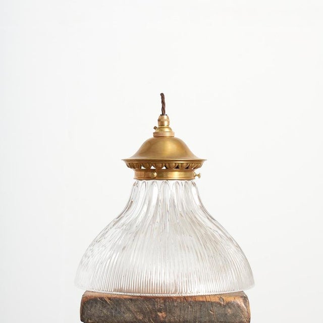 antique reclaimed holophane glass pendant light – w a vintage bell shaped holophane glass prismatic pendant light shade...