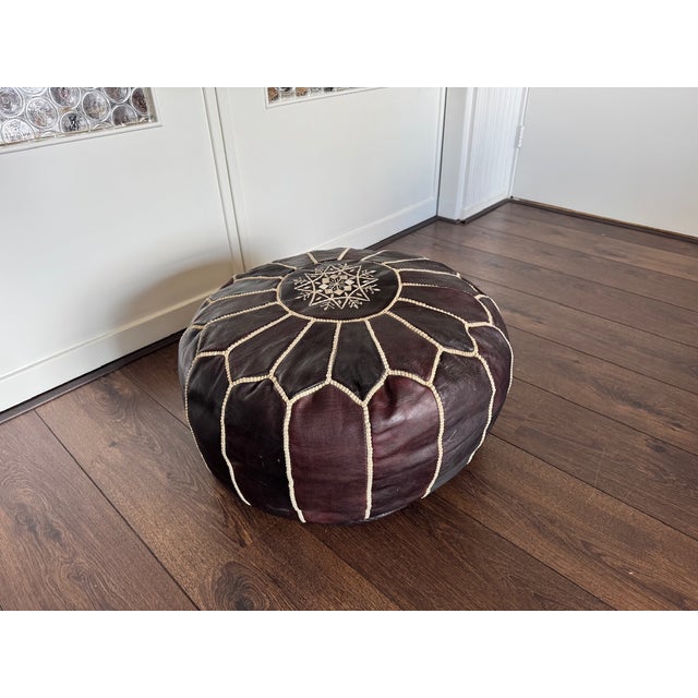 Beige Mid-Century Embroidered Brown Leather Pouf For Sale - Image 8 of 9
