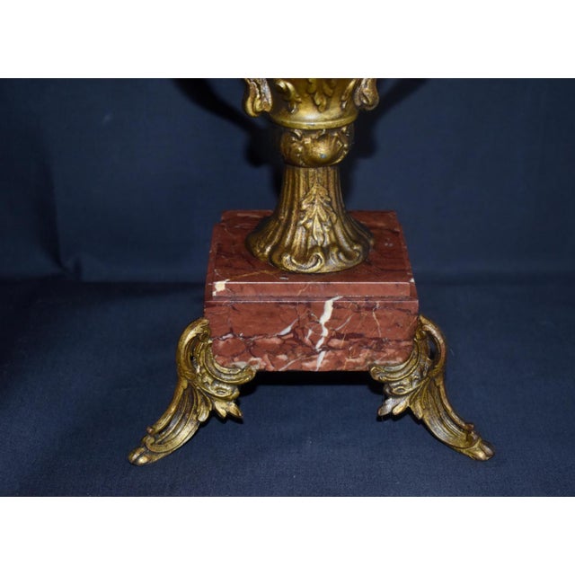 Stone Antique French Rococo Metal Urn Vase Marble Base Mantle Garniture 19th C For Sale - Image 7 of 17