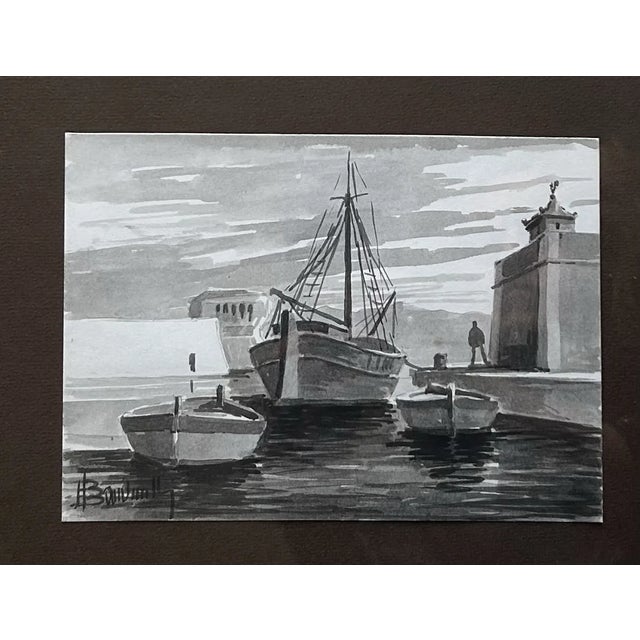 Vintage 1960’s Black & White Watercolors of Various Fishing Boats ~ Framed Set of 7 For Sale - Image 4 of 11