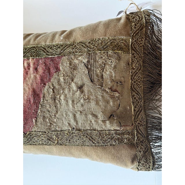 Rustic Early 18th Century Original Needlepoint Fabric Pillow With Gold Fringe For Sale - Image 3 of 3