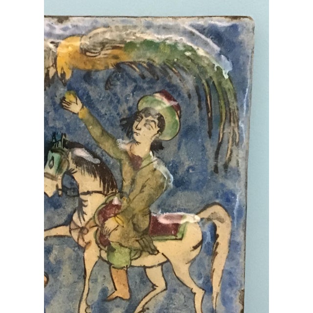 19th Century Antique 19th-Century Persian Qajar Dynasty Ceramic Tile – Equestrian With Bird of Prey For Sale - Image 5 of 6