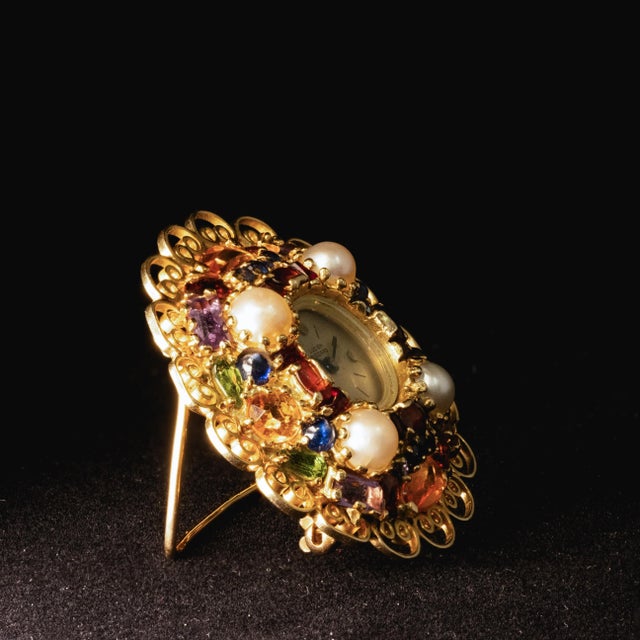 Vintage 1950s LUCIEN PICCARD watch brooch, doubles as travel clock hand-wind Swiss movement 14K yellow gold filigree case...