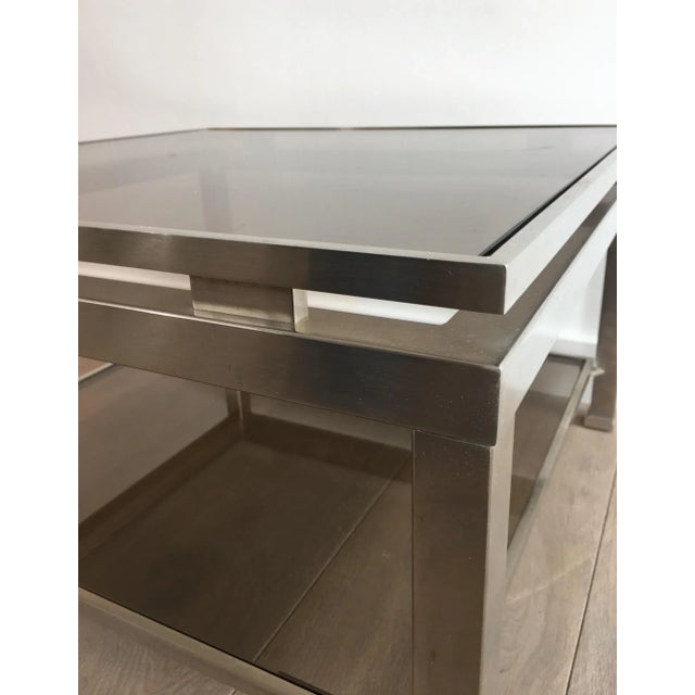 Guy Lefevre Brushed Steel Side Tables with Smoked Glass by Guy Lefèvre - A Pair For Sale - Image 4 of 13