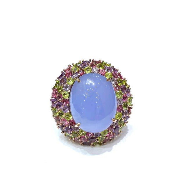 Early 21st Century Bochic "Orient" Vintage Chalcedony & Multi Gem Cocktail Ring - 18K Gold & Silver For Sale - Image 5 of 18