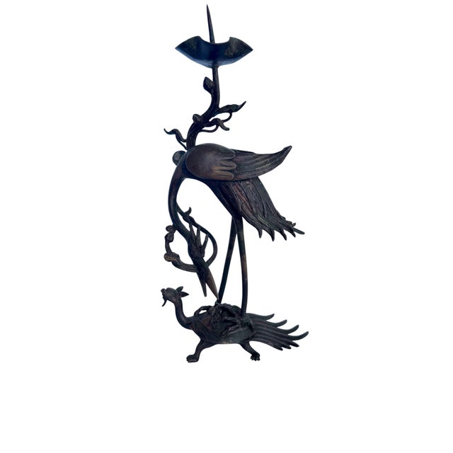 1910s Meiji Early 20th Century Japanese Shokudai Bronze Candlestick Antique Metal Crane Bird Tortoise Animal Lotus For Sale - Image 5 of 8