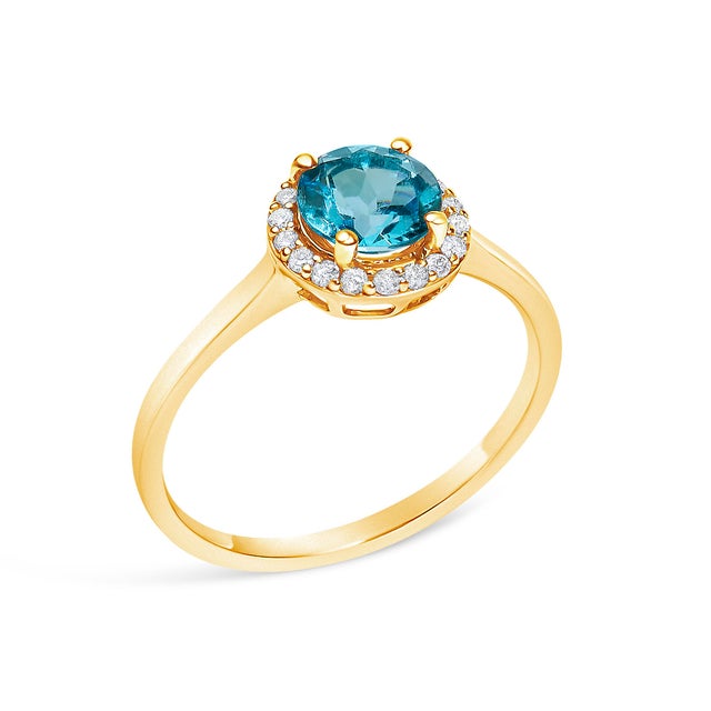 10K Yellow Gold Blue Topaz and 1/10 Cttw Diamond Halo Ring, Size 6.5 For Sale - Image 4 of 7