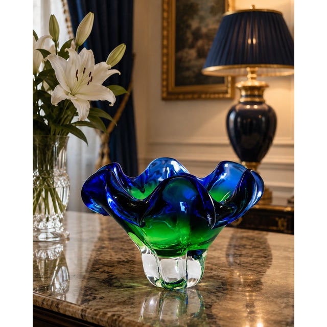 Josef Hospodka Chribska Czech Hand Blown Art Glass Vase Bowl Blue Green Ruffled Edge Centerpiece (8" Diameter) For Sale - Image 4 of 5