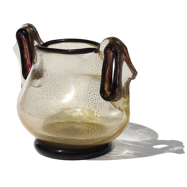 Barovier & Toso Vintage Murano Barovier Toso Rare Purple Trim Gold Flecks Italian Art Glass Ornate Pierced Double Handle Vase For Sale - Image 4 of 8