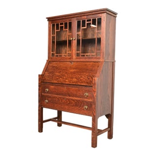 Stickley Brothers Style Antique Mission Oak Arts & Crafts Secretary Desk With Bookcase Hutch, Circa 1910 For Sale