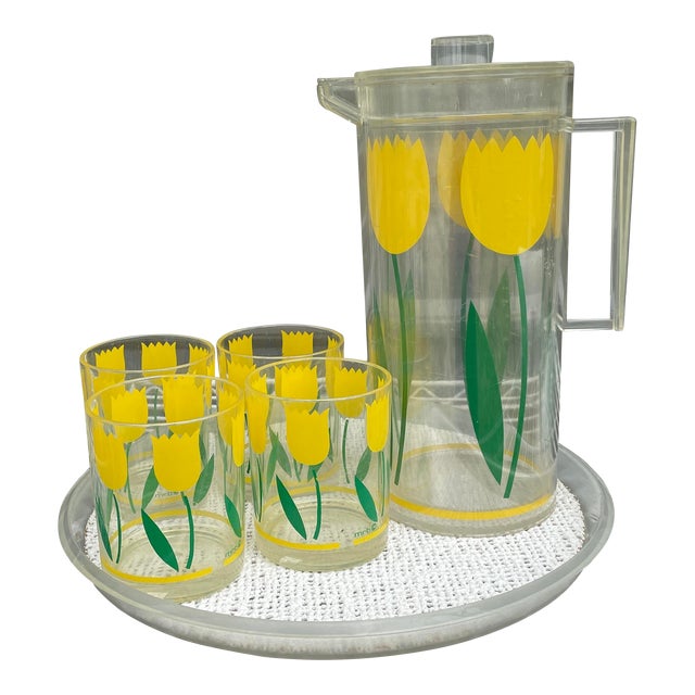 Mid 20th Century Acrylic Yellow Tulips Beverage Service- 6 Pieces For Sale