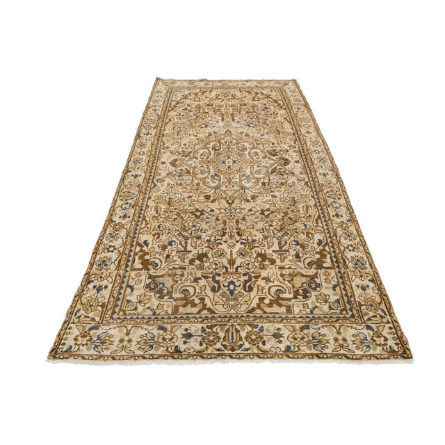 Vintage Hand-Knotted Neutral Medallion Area Rug in Warm Camel, Ivory & Slate Blue For Sale - Image 9 of 10