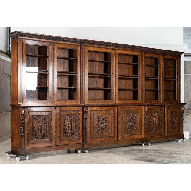 English Carved Oak Breakfront Glazed Bookcase, 1870s For Sale - Image 9 of 18