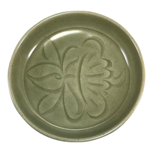 Vintage Chinese Longquan Celadon Shallow Dish With Incised Floral Interior