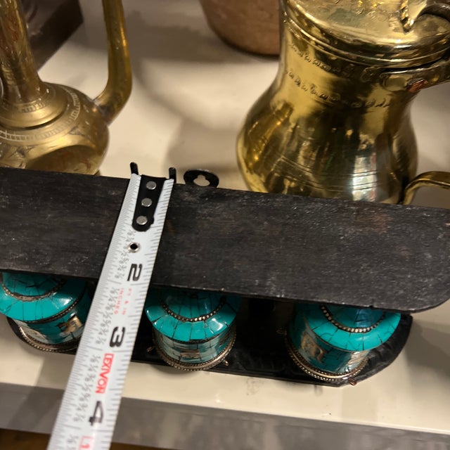 Vintage Tibetan Wall Hanging Teal and Black Prayer Wheel For Sale - Image 10 of 11