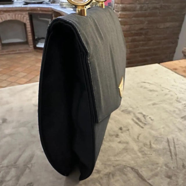 Italian Elegant 1990s Black Fabric, Brass and Chromed Metal Hand-Bag by Sergio Rossi For Sale - Image 3 of 11