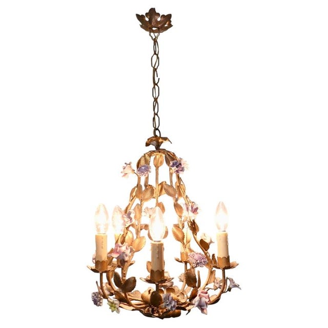 Gold French Gilt Toleware and Floral Ceramic 6-Branch Chandelier, 1930s For Sale - Image 8 of 8