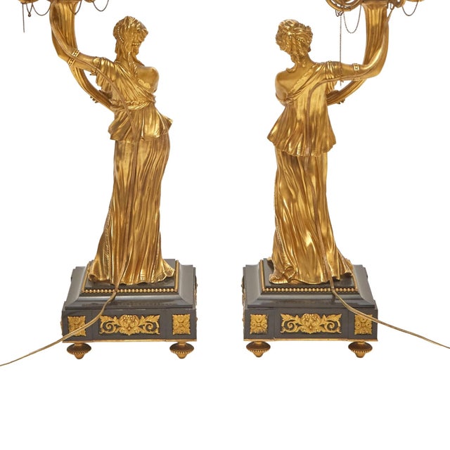 Impressive Pair 19th Century Gilded Bronze Ormolu Six-Light Figural Candelabra For Sale - Image 10 of 11