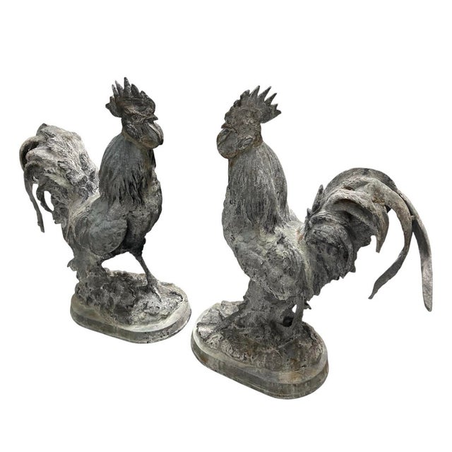 Traditional Pair of Mid-20th Century Vintage Cast Iron Rooster Garden Statues For Sale - Image 3 of 12