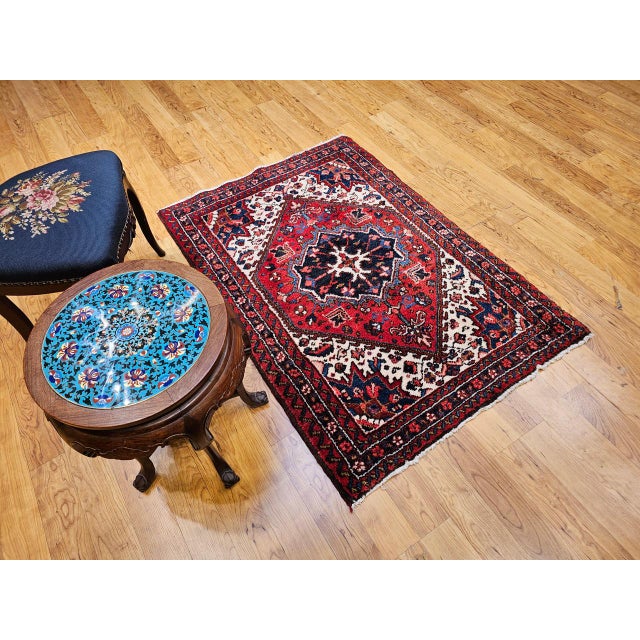Red Vintage Persian Heriz Rug, Hand-Knotted Wool, Geometric Medallion Pattern, Red & Ivory, 3x5 For Sale - Image 8 of 17