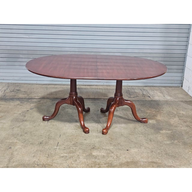 1990s 1990s Henkel Harris Wild Black Cherry Two Pedestal Dining Table 3 Leaves & Table Pads For Sale - Image 5 of 17