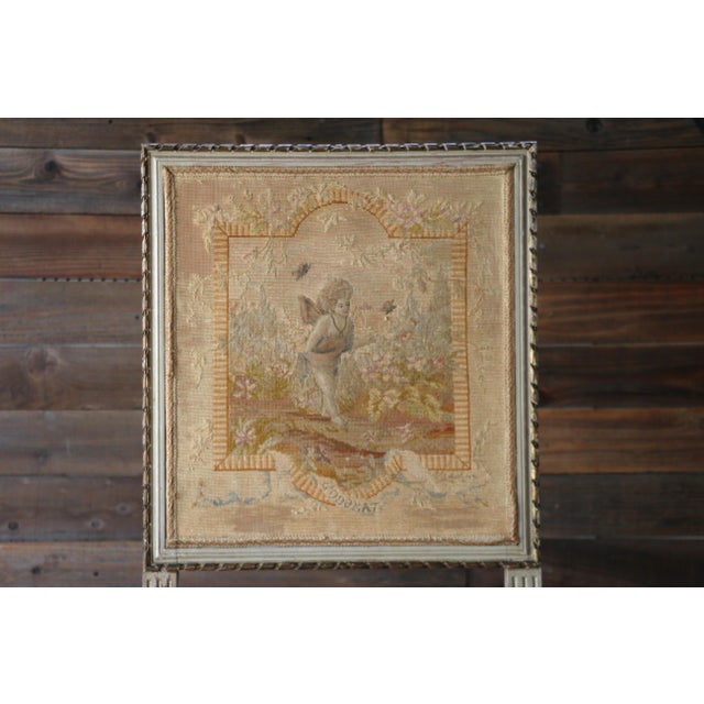 Antique French Needlepoint Firescreen | Louis XVI Style Hand-Painted & Gilt Wood Fireplace Screen | Cherub Tapestry For Sale - Image 11 of 18