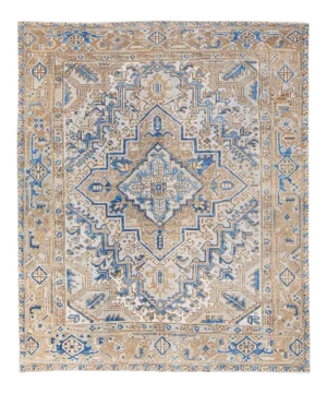 Antique Persian Heriz Beige and Blue Handmade Medallion Designed Wool Rug
