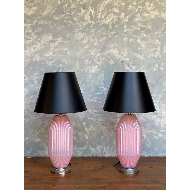 Pair of Italian Mid-Century Ribbed Cyclamen Murano Glass Table Lamps, 1950s For Sale - Image 10 of 10