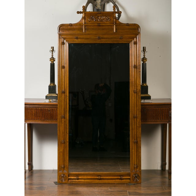 Early 20th Century Large English Faux-Bamboo Walnut Mirror Made of 1900s Doors with Carved Ivy For Sale - Image 5 of 12