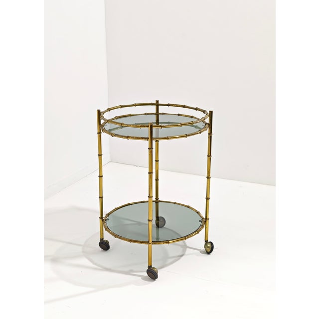 Bamboo-Effect Brass Food Trolley with Two Smoked Glass Shelves, 1960s For Sale - Image 10 of 10