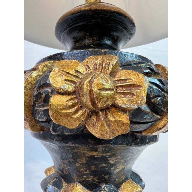 1990s Italian Wood Carved Lamp in Distressed Black Color For Sale - Image 9 of 12