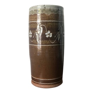 Extra Large Vintage Mid-Century Incised Stoneware Pottery Vase For Sale