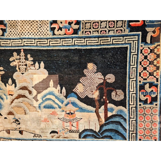 Textile Antique Ningxia Pictorial Rug, Wool Pile, Scenic Landscape, Western China, 1890s For Sale - Image 7 of 12